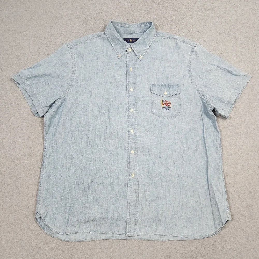 Ralph Lauren Shirt Mens XXL Blue Chambray Denim USA Flag Embroidered Western